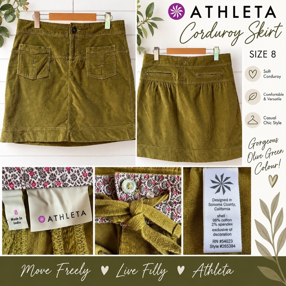Athleta Women Olive Green Corduroy Mini Skirt Size 8 Casual Chic Boho Minimalist